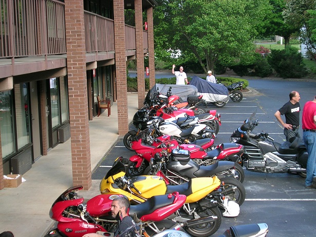 [That's me waving at the far end of the bikes.]