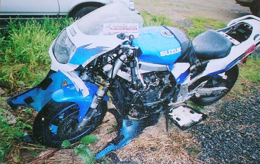 [Great White, a 1993 GSX-1100R, after the head-on collision.]