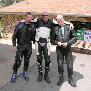 [04/22/06: Internet friends Allen, Jay, and Mark on a NC ride when we stayed at the motorcycle campground in Cruso, NC. Here, Jay is modeling his pink thong that we got him....it's an inside joke...Jay runs and operates www.roadrashsucks.com .]